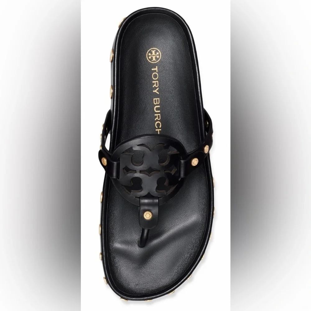 🔥🔥NWT Authentic Tory Burch Miller Cloud  Gold Coin Thong Sandals Black  11 M
